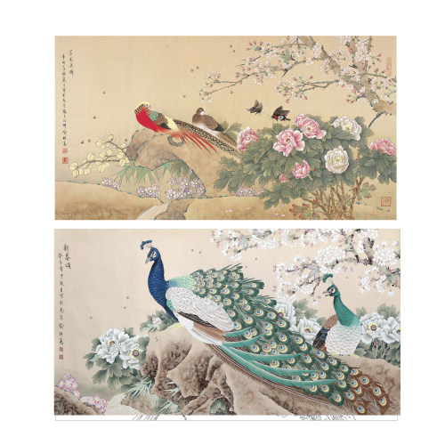 工笔画打印白描底稿横幅花鸟锦鸡孔雀高清线稿初学者临摹创作参考