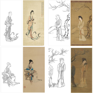 仕女图底稿白描初学者临摹练习宋画人物元机诗意图人面桃花