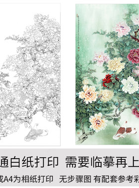 大彩图】工笔画打印白描底稿李晓明竖幅牡丹花鸟初学者临摹透稿