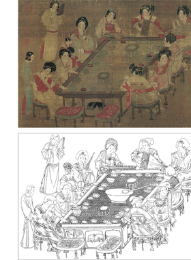 【大彩图】工笔画打印白描底稿横幅人物《宫乐图》高清底稿线描