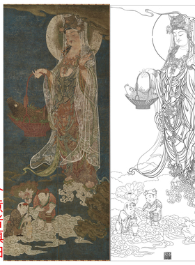 工笔画打印白描底稿竖幅人物鱼篮观音菩萨高清板绘初学者临摹勾线