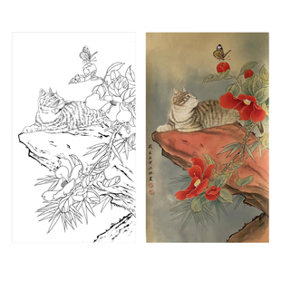 国画工笔画打印白描底稿竖幅动物小猫初学者临摹勾线过稿上色