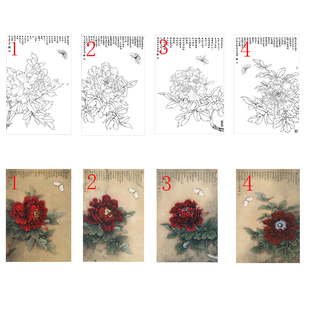 国画工笔画打印白描底稿四尺三开竖幅王红白粉蝶高清线描初学临摹