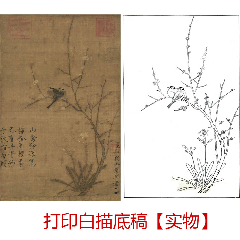 工笔画打印白描底稿宋画赵佶腊梅山禽图初学者临摹勾线过稿练习