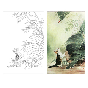 国画工笔画打印白描底稿竖幅动物小猫初学者临摹勾线过稿上色练习