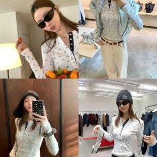 修身 内搭女 T恤打底衫 时髦亨利领纯棉碎花长袖 13C 奶呼呼妮味