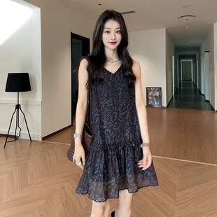 大尺码 碎花洋装 夏季 胖mm梨形遮胯显瘦背心裙 V领设计感木耳边无袖