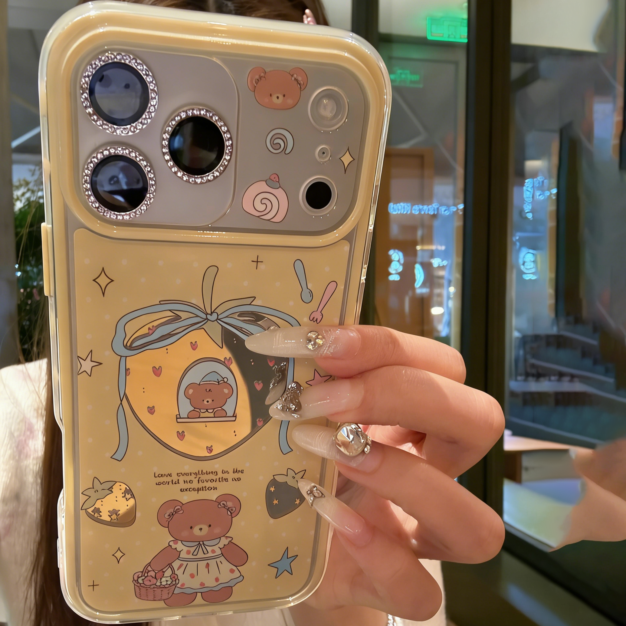 可爱镜面草莓小熊边框二合一适用IPhone17promax手机壳苹果17/16少女心小米17pro简约ins风Reno15/14保护套