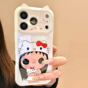 萌趣可爱头套猫咪小玉适用于iPhone17promax手机壳新款贝壳纹苹果16pro小众高颜值15promax立体猫耳朵保护套