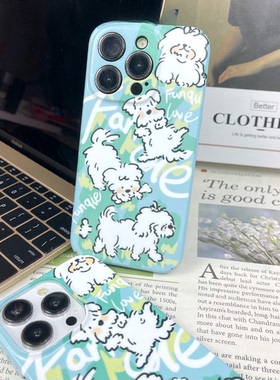毛绒小狗适用iPhone15proma个性涂鸦苹果13/12/mini可爱小众情侣华为mate50/60pro精孔全包荣耀80/90/100pro