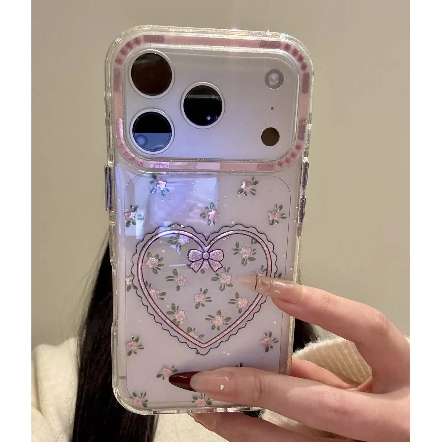 ins韩系镭射碎花爱心适用iPhone17promax手机壳鎏金苹果16PRO高颜值少女心iPhone15/14小众13透明大孔保护套