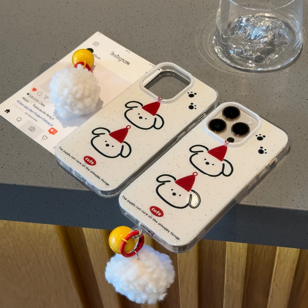 苹果16卡通情侣圣诞帽小狗手机壳