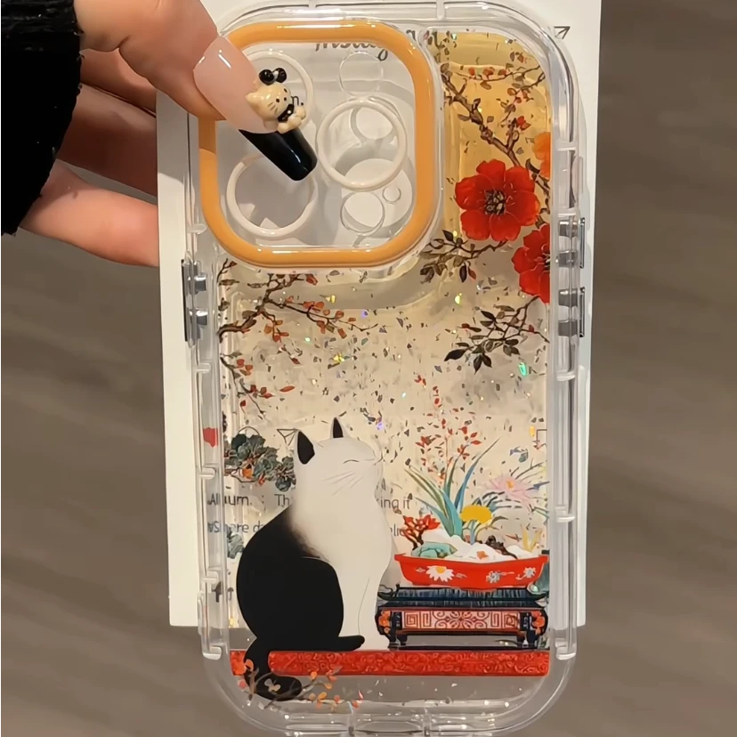 渐变复古中式猫咪闪粉奶油手机壳适用苹果11/12/13/14/15/16promax全包Mate60/70小众华为Pura70/60Pro保护套