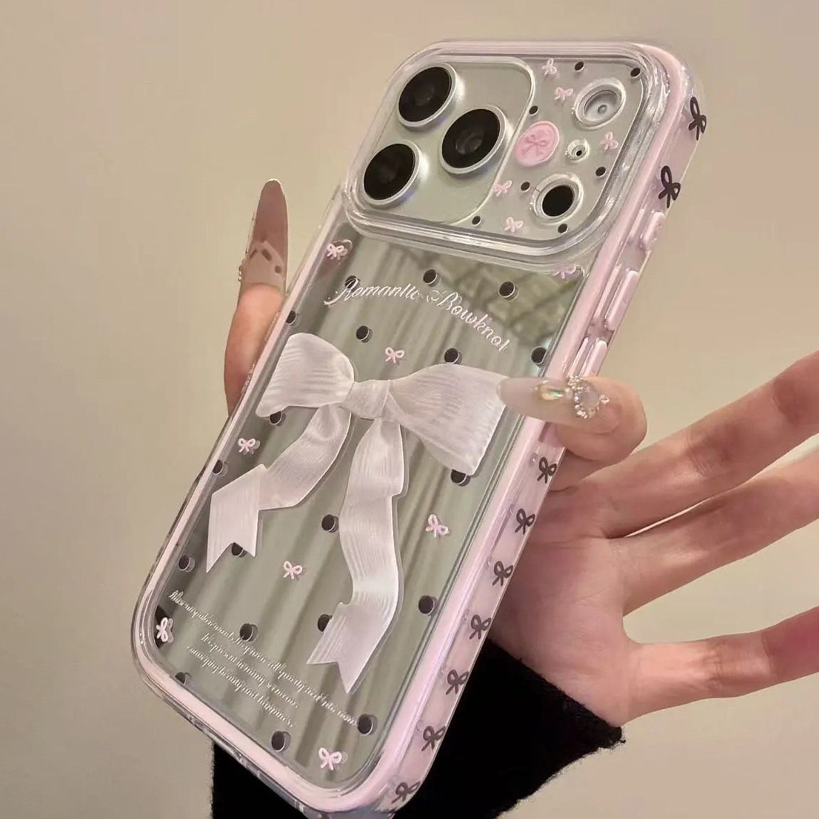 韩系唯美镜面蝴蝶结侧边图案适用IPhone17promax手机壳苹果17/16pro新款小米17pro简约ins风Reno15/14保护套