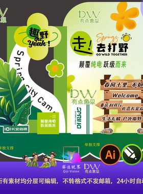 春天绿色户外春游露营活动幼儿园布置美陈4S店KT板背景PS素材游园