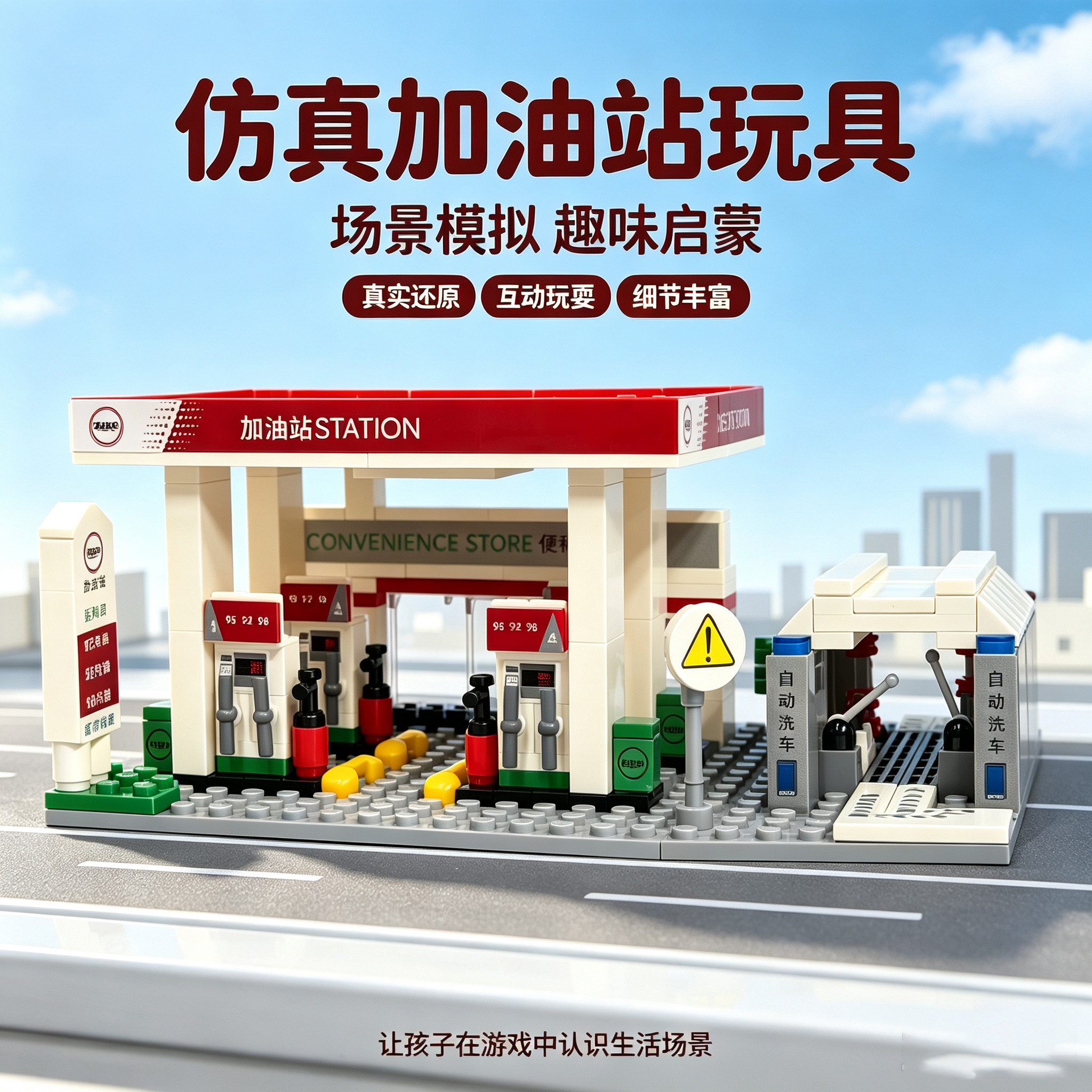 城市仿真加油站积木益智拼装