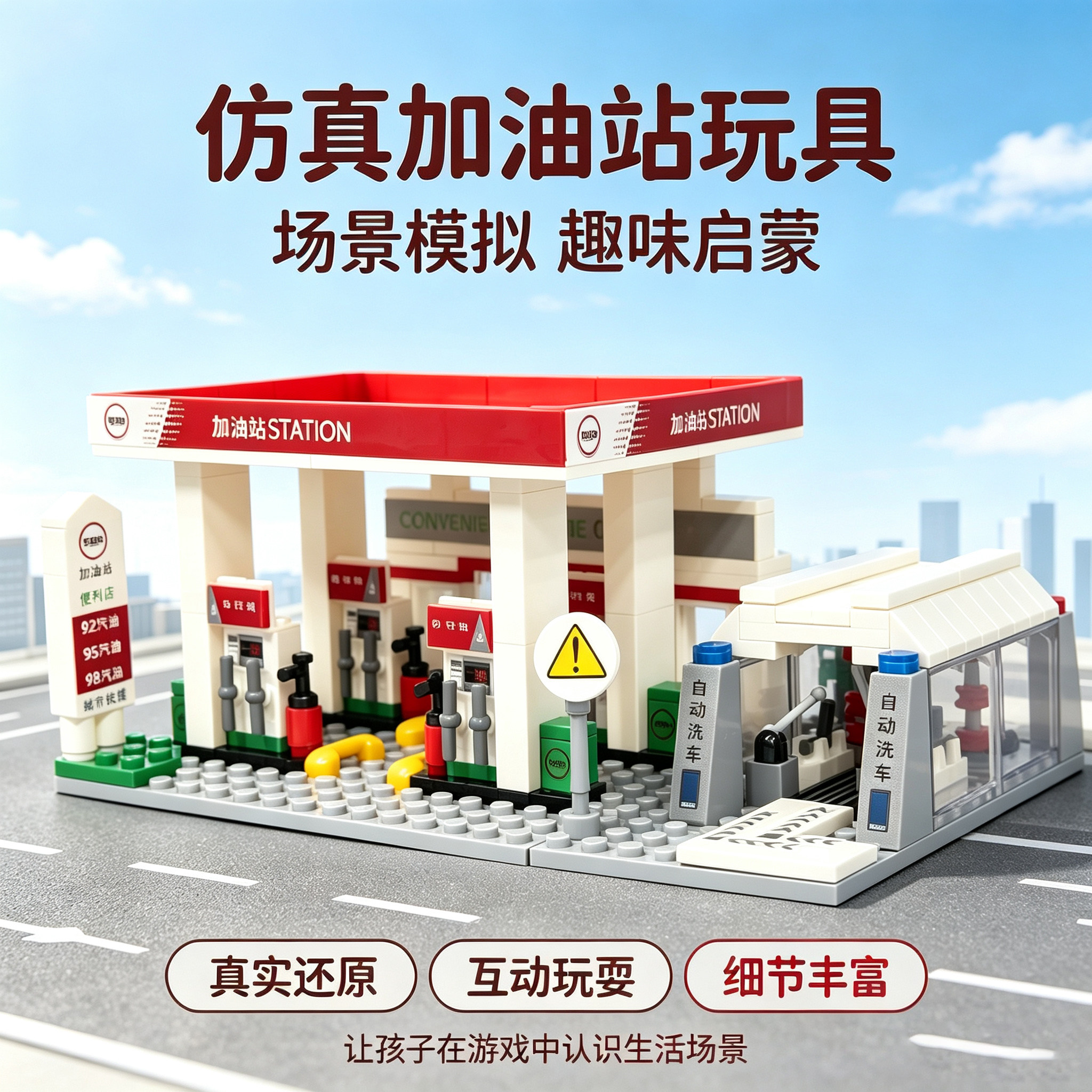 城市街景积木加油站积木儿童益智玩具拼装摆件模型节日生日礼物