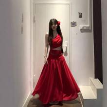 纯欲风斜肩露腰连衣裙子女氛围感夏季高级感海边度假风红色大摆裙