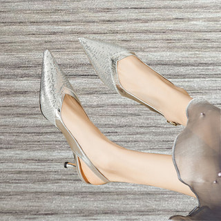 新款夏天女装凉鞋银色中跟真皮女鞋尖头时尚皮鞋气质高贵女款鞋子