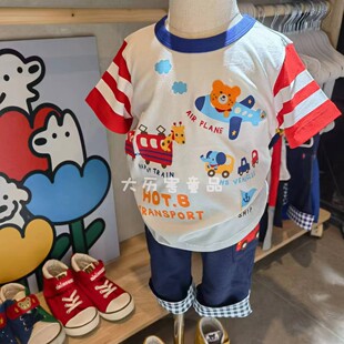 儿童25夏款日系新款童装中小男女儿童装全棉HB小熊轮船拼色短袖T