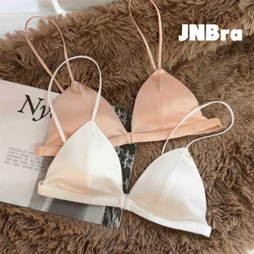 小法千金 法式三角杯内衣女超薄款夏季美背细肩带前扣文胸罩缎面