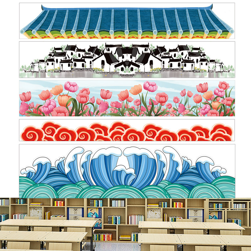 幼儿园家园栏边条黑板报布置边框装饰屋檐花朵国潮风山云自粘墙贴