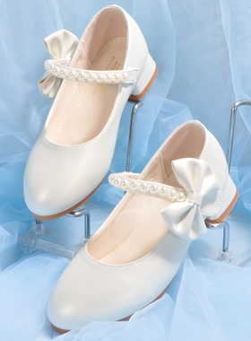 白色皮鞋女童公主玛丽珍鞋小白软底中大童礼服舞台演出儿童高跟鞋