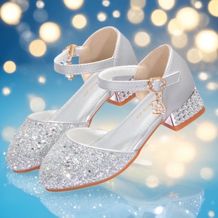 儿童高跟女鞋闪亮女童公主鞋中大童舞台演出鞋子银色水晶晚礼服鞋