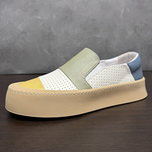 时尚个性拼色男鞋2025新款真皮一脚蹬懒人乐福鞋软底英伦休闲皮鞋