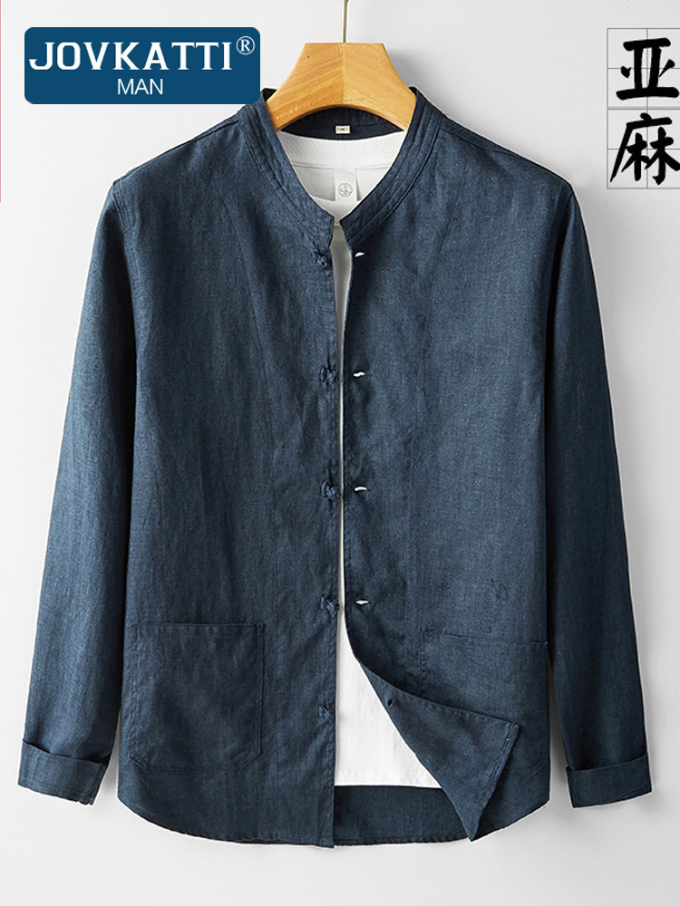 JOVKATTI品牌中国风长袖亚麻衬衫男装春季新款立领防晒衬衣外套男