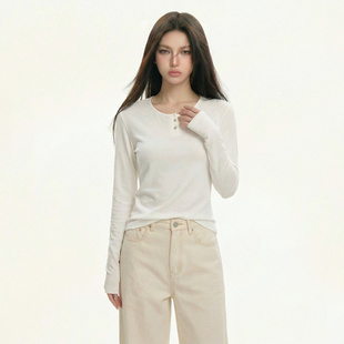 韩版百搭套头极简风亨利领长袖T恤女纯色修身显瘦针织打底衫上衣