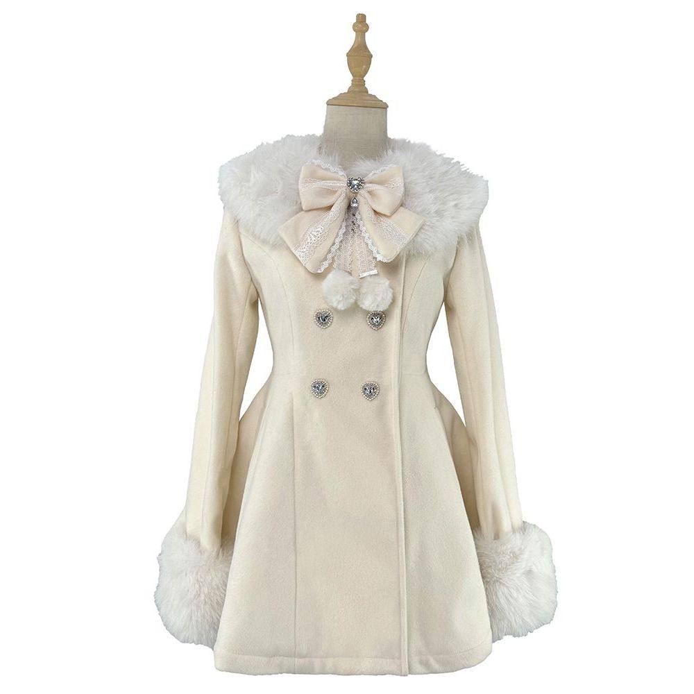 保暖可拆毛领蝴蝶结毛呢大衣