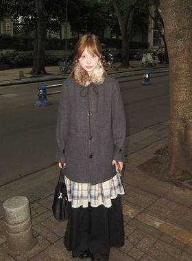 复古深灰可拆卸毛领毛呢大衣女秋冬新款百搭设计感中长款呢子外套