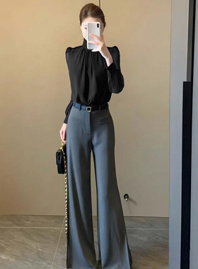 送腰带干练休闲套装女士2026春秋款t恤西装微喇裤工作两件套D3548