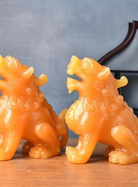 手工雕刻米黄玉霸王貔貅摆件玉石皮丘开业送礼办公室客厅居家装饰