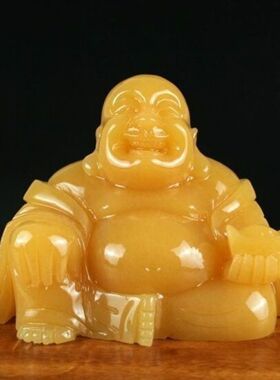 天然米黄玉佛公佛像摆件弥勒佛手捧元宝客厅玄关摆饰玉石摆设手工