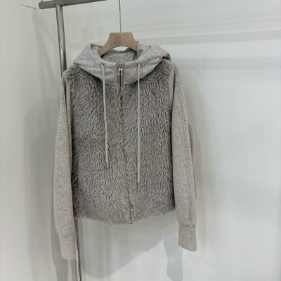 毛毛针织拼接连帽宽松羽绒服女