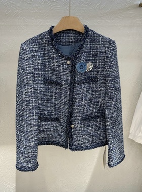 气质韩版小香开衫25秋装包边圆领暗扣花朵胸针粗花呢外套女57635