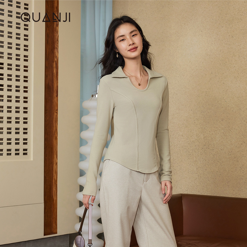 女士德绒打底衫秋冬款u领保暖长袖双面德绒修身显瘦鱼骨t恤DJM766