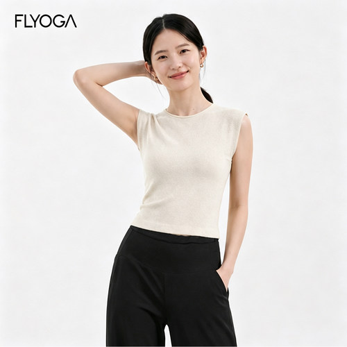 Flyoga飞蓝瑜伽美丽诺羊毛无袖上衣短款修身显瘦T恤短袖夏季女士