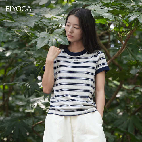 FLYOGA飞蓝瑜伽服透气条纹运动户外徒步健身速干短袖罩衫上衣女夏