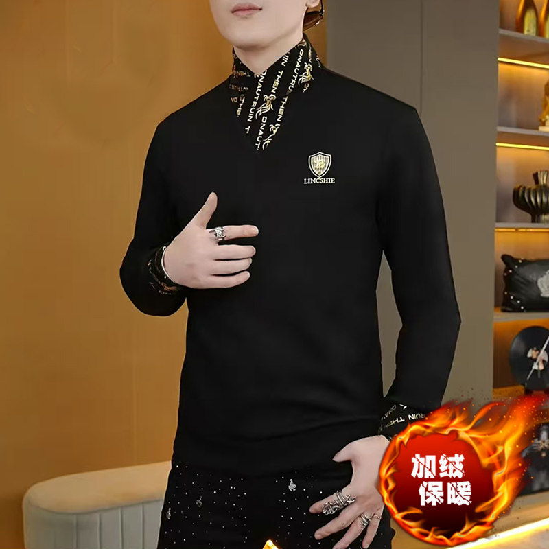欧货烫金方巾领卫衣男加绒加厚秋冬季轻奢修身弹力保暖T恤打底衫