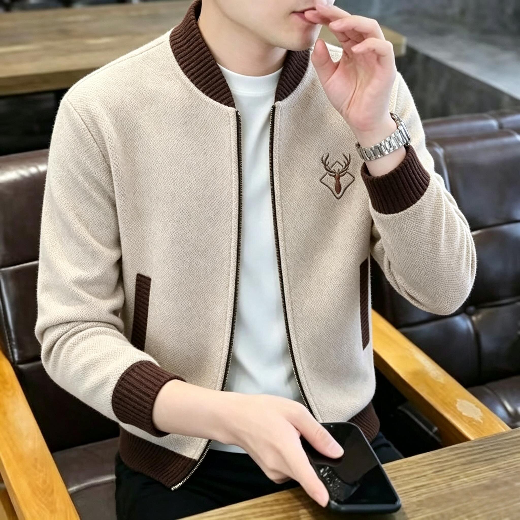 秋冬季棒球领撞色开衫毛衣男韩版帅气刺绣针织夹克外套休闲百搭潮