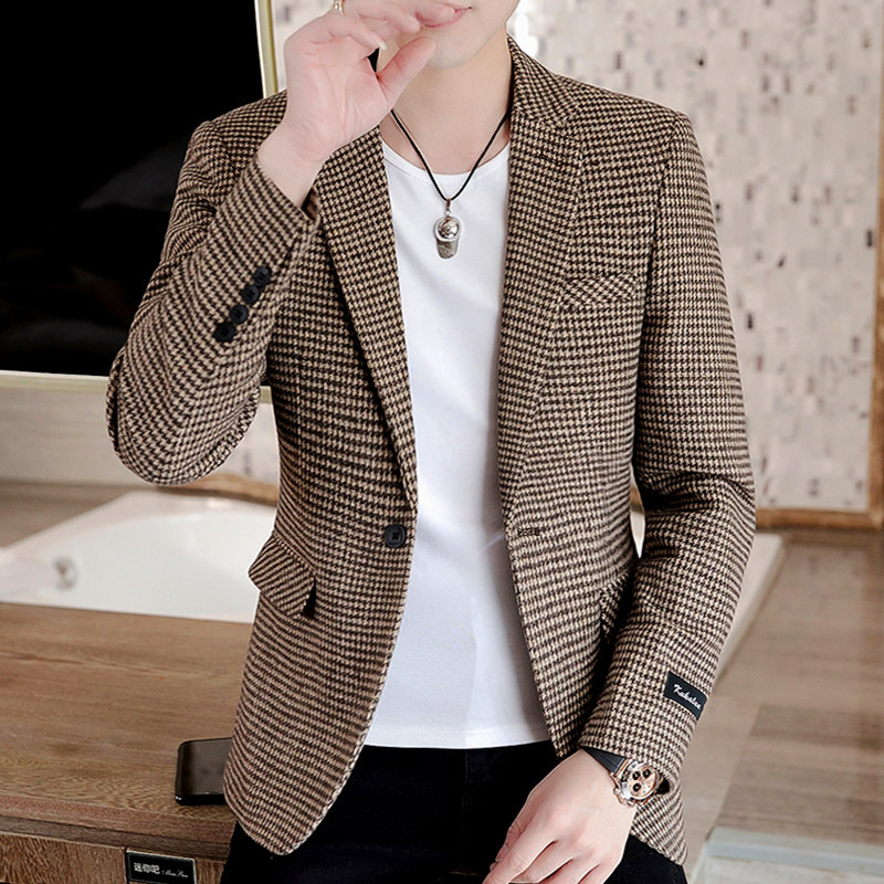 英伦西装男士春秋季千鸟格子痞帅小西服上衣服男装高端休闲外套潮,男装,休闲西服,淘宝优惠券,粉丝福利购,淘宝优惠卷