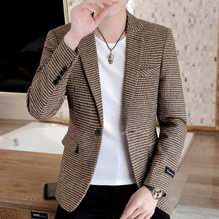 千鸟格子痞帅小西服上衣服男装 春秋季 高端休闲外套潮 男士 英伦西装