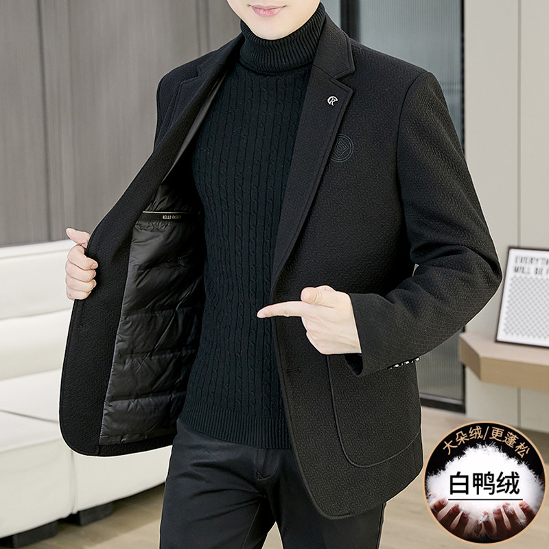 高档羽绒服西装外套男士冬季加厚保暖商务休闲轻薄白鸭绒西服外套