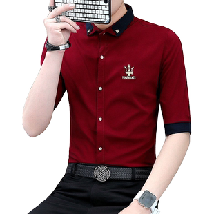 男士夏装短袖衬衫韩版潮流修身中袖衬衣发型师薄款七分袖休闲寸衫