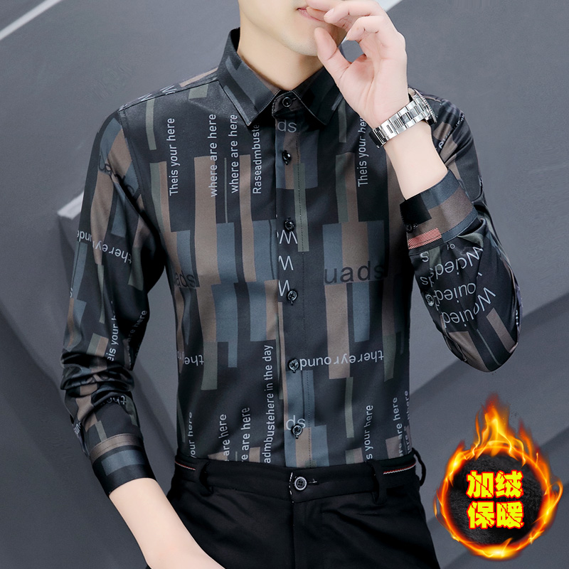 潮牌尖领长袖韩系风印花字母衬衫