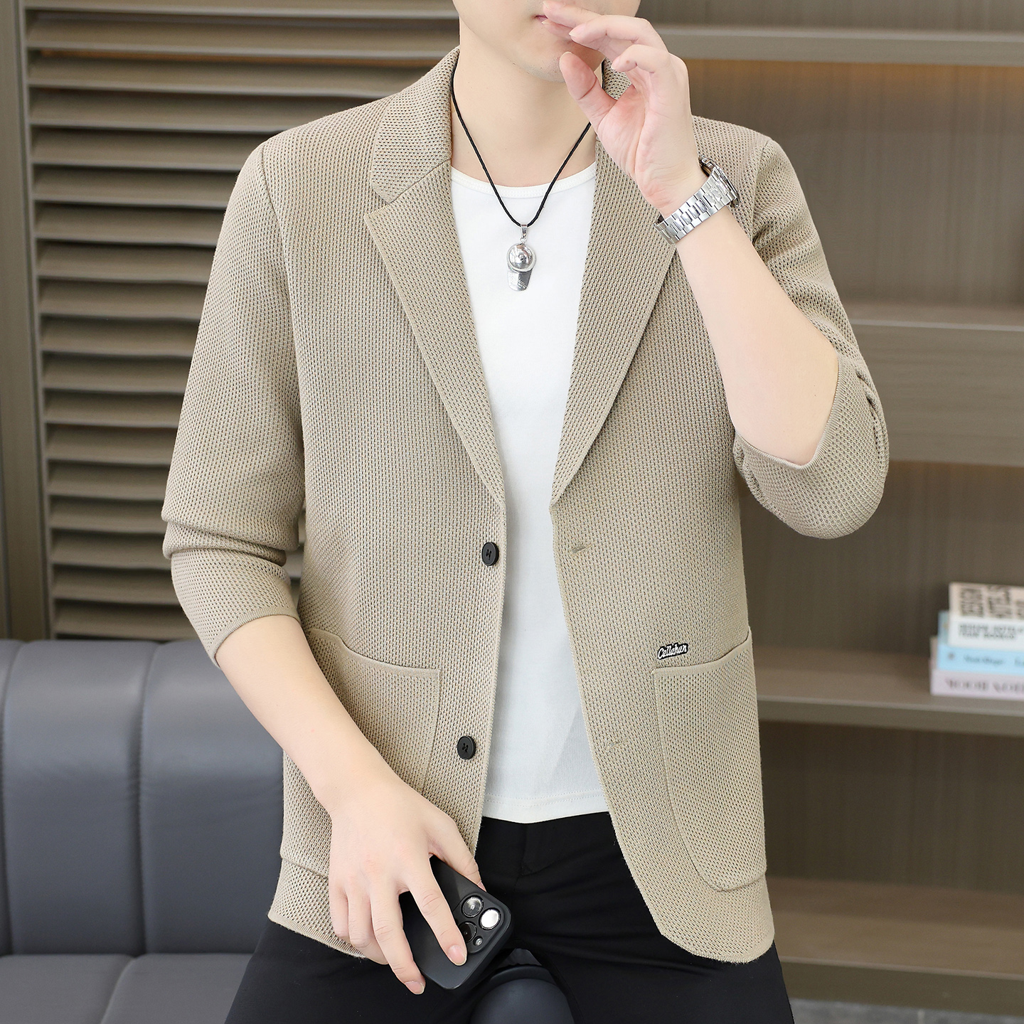 秋季外穿毛衣男士西装领韩版简约针织开衫休闲纯色百搭风衣外套潮