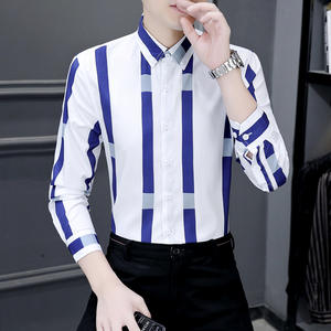 潮牌尖领长袖韩系设计感条纹衬衫